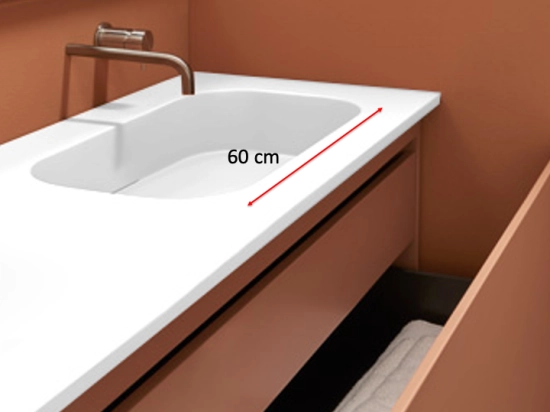 Plan vasque système d’évacuation discret L 40 à 201 x P 40 à 51 cm, finition lisse mate, 10 couleurs, Anti bactérien, résine Akrytan® teinté dans la masse, Livraison Offerte.